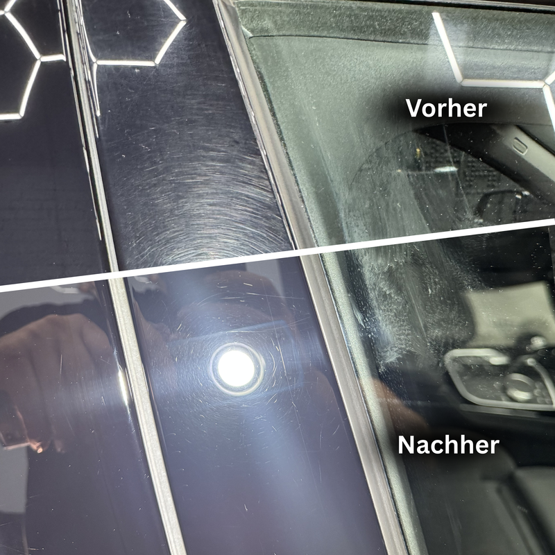 Mehrstufige Politur zur Wiederherstellung von Glanz, Tiefe und Reflektion.Das Ergebnis: sichtbar klarere Oberfläche und deutlich höhere Wertigkeit.