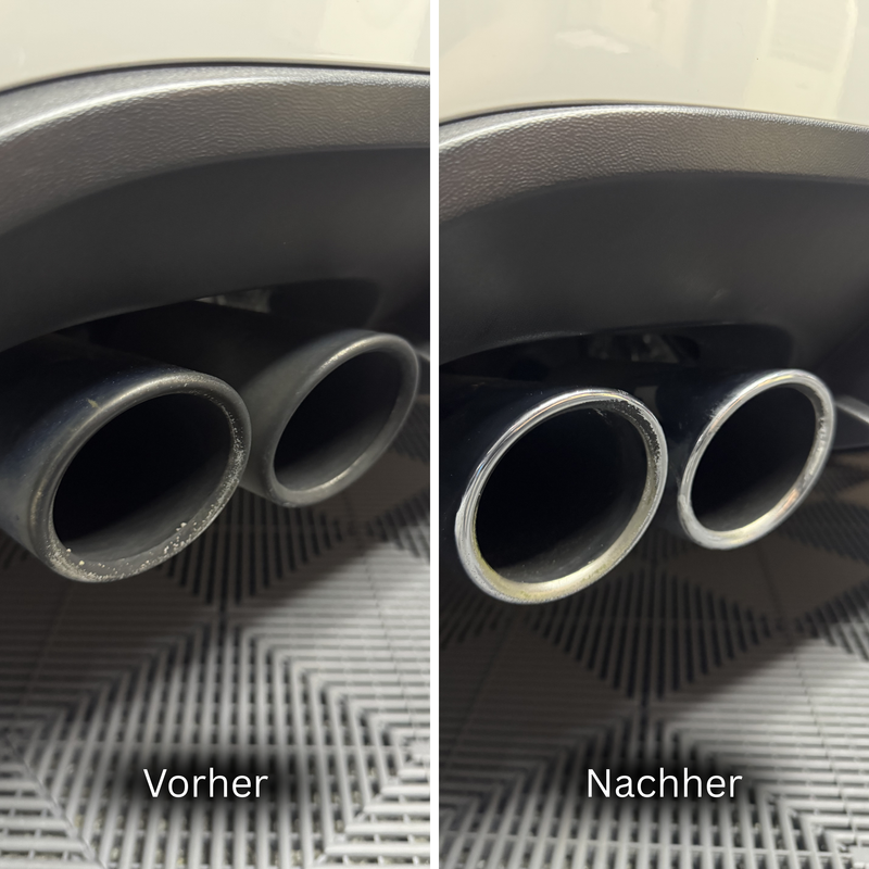 Entfernung von eingebrannten Rückständen, Oxidation und hartnäckigen Ablagerungen an den Endrohren. Wiederherstellung eines sauberen, gepflegten Metall-Finishes für eine deutlich hochwertigere Heckansicht und ein sichtbar aufgewertetes Gesamtbild des Fahrzeugs.